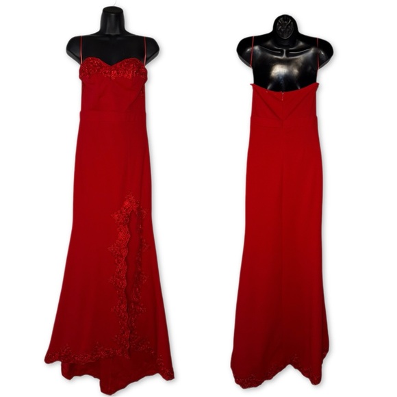 Red Formal Lace Strapless Dress With Leg Opening Evening Gown - Picture 1 of 7